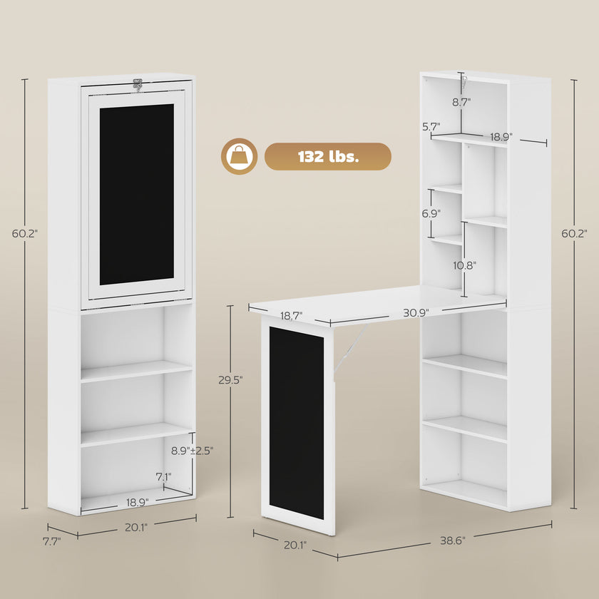 Fold Down Convertible Writing Table, Folding Desk With Blackboard & Side Shelf, Multi-Function Computer Office Workstation, White