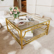 Square Glass Coffee Table In 33.5 ,Luxurious Geometric Metal Frame,Gold Finish  Lower Shelf