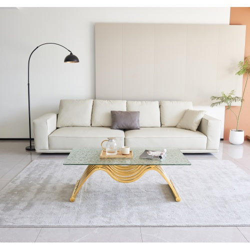 47 Rectangle Modern Stainless Steel Coffee Table, Water Ripple Tempered Glass Coffee Table, Center Table, For Living Room Home Office, Easy Assembly, Gold