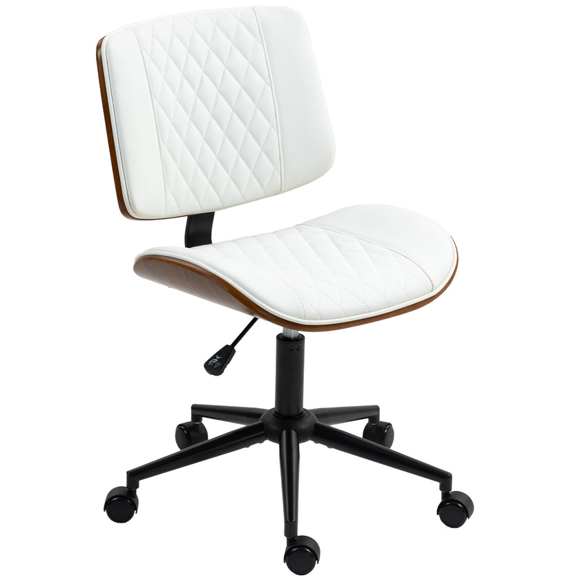 Home Office Chair No Arms With Wheels, PU Leather Desk Chair With Adjustable Height, 360 Swivel For Reading, White