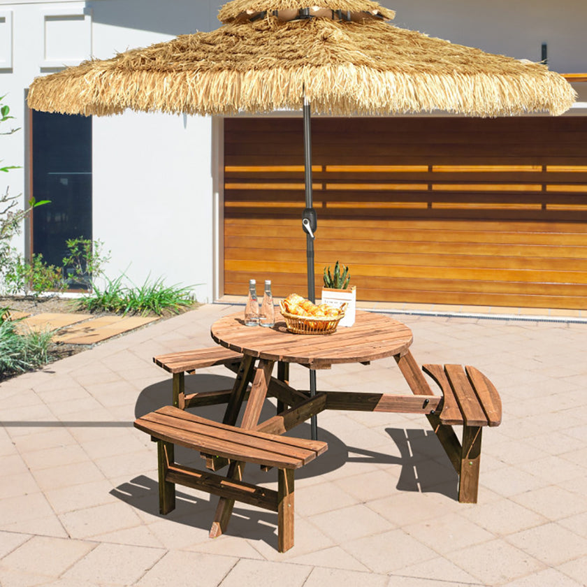 6 Person Wooden Picnic Table Set With Bench And Umbrella Hold