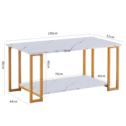 D&N Coffee Table, 2 Layers 1.5cm Thick Marble MDF Rectangle 39.37  L Tabletop Iron Coffee Table , Dining Room, Coffee Shop, Resterant, White Top, Gold Leg