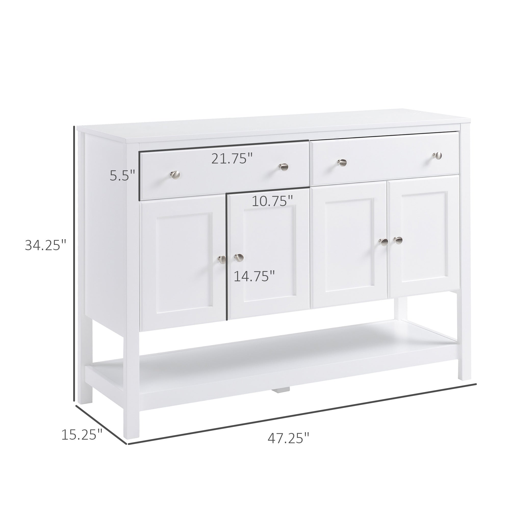Modern White Buffet, Metal Hinges & Round Handles, Dining Room Storage
