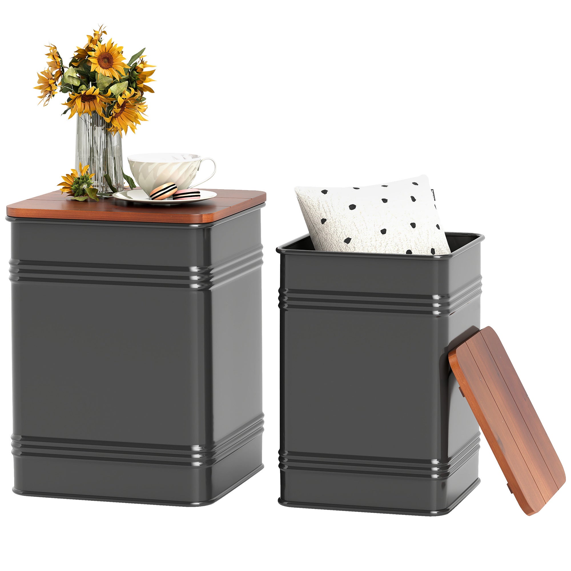 Ottoman With Storage Set Of 2, Industrial Nesting Ottoman Stool With Removable Lid, Metal Frame For Living Room, Black