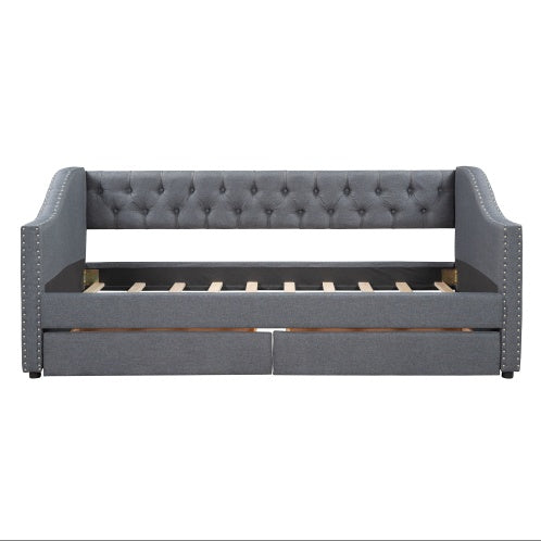 Upholstered Twin Size Daybed With Two Drawers, Wood Slat Support, Gray