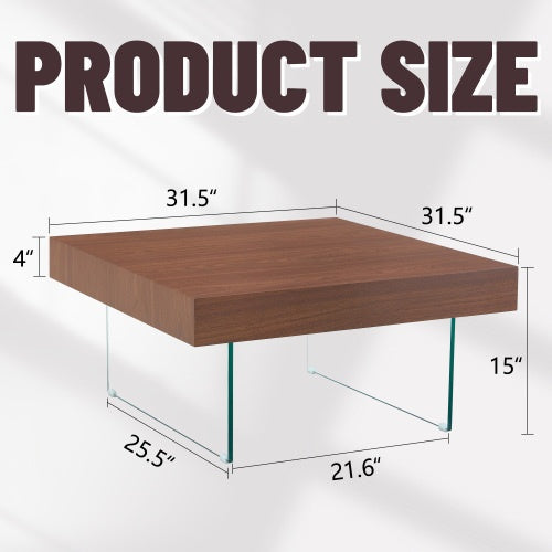 Walnut Colored Square MDF Coffee Table  31.5x31.5 With Tempered Glass Legs.Density Board Sticker,Reinforced Glass Legs.Walnut Colored Texture Sticker