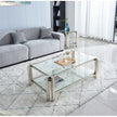 50 Wide Rectangle Modern Stainless Steel Coffee Table, Double-Layer Clear Tempered Glass Coffee Table, Center Table With Storage, For Living Room Home Office, Easy Assembly, Silver