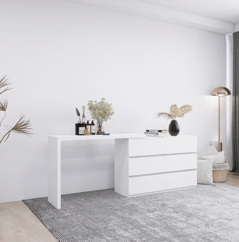 Extended Desktop 6 Drawers Chest Of Drawer Without Handle White Color Vanity