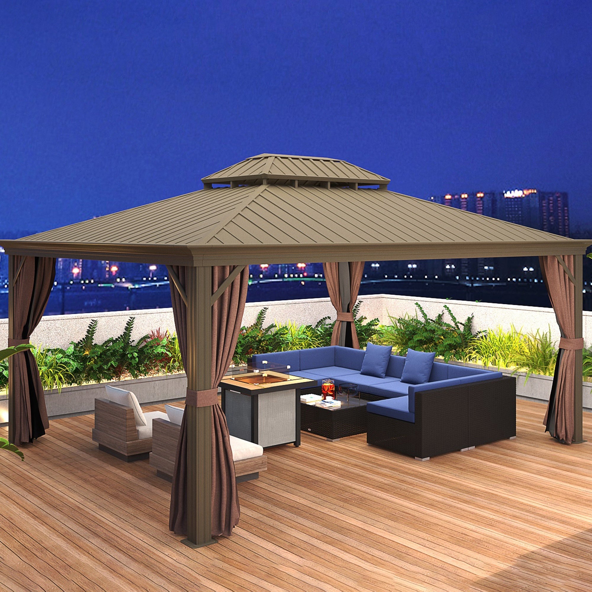 7-Piece Rattan Couch, Outdoor Patio Furniture Set, With Removable Cushions And Ottoman, Glass Coffee Table- Dark Coffee  Blue