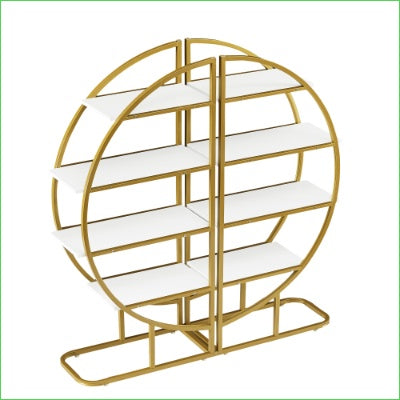 4 Tiers Home Office Open Bookshelf, Round Shape, Different Placement Ways, MDF Board, Gold Metal Frame, Golden