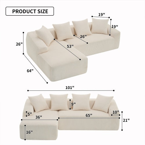 LY-023 WHITE COMPRESSION SOFA Combining Chaise Longue With 3-seater, Corduroy Fabric, Full Sponge Compression Sofa,combined Sofa With 4 Pillows For Living