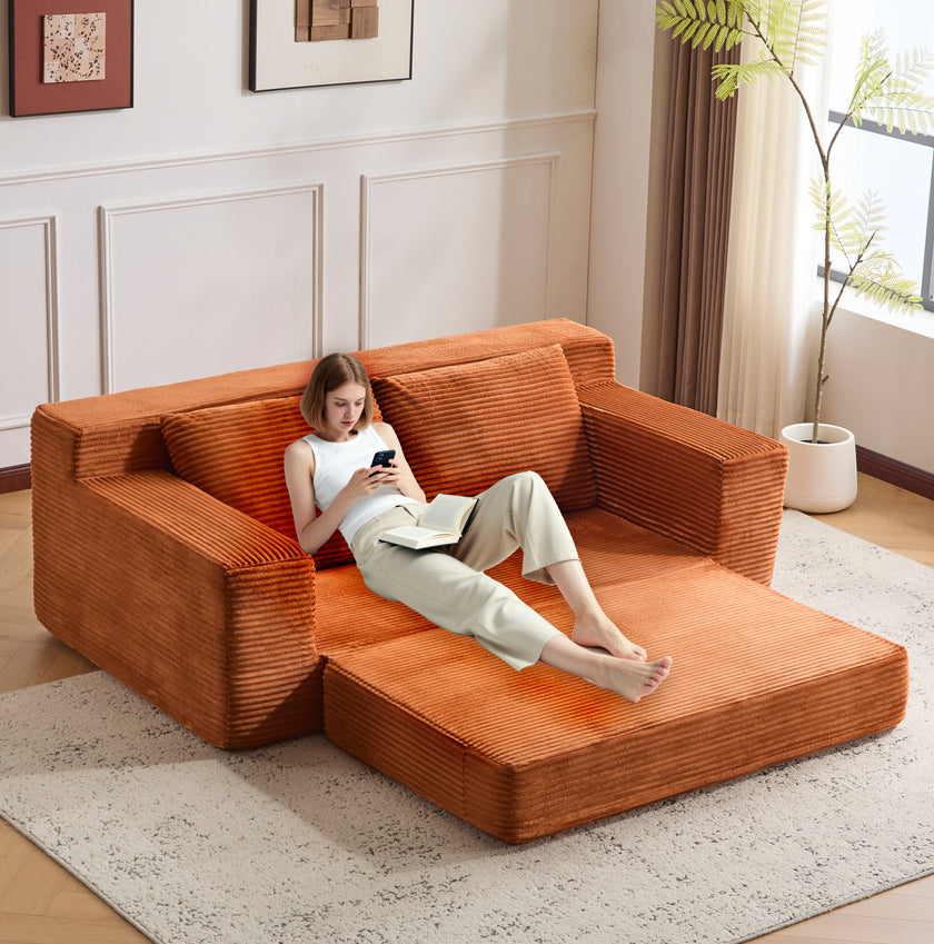 Loveseat Sofa, Comfortable Deep Seat Sofa Bed, Modern Small Corduroy Couch For Living Room Bedroom,Reversible Cushion With Pillows,No Assembly Required,Orange