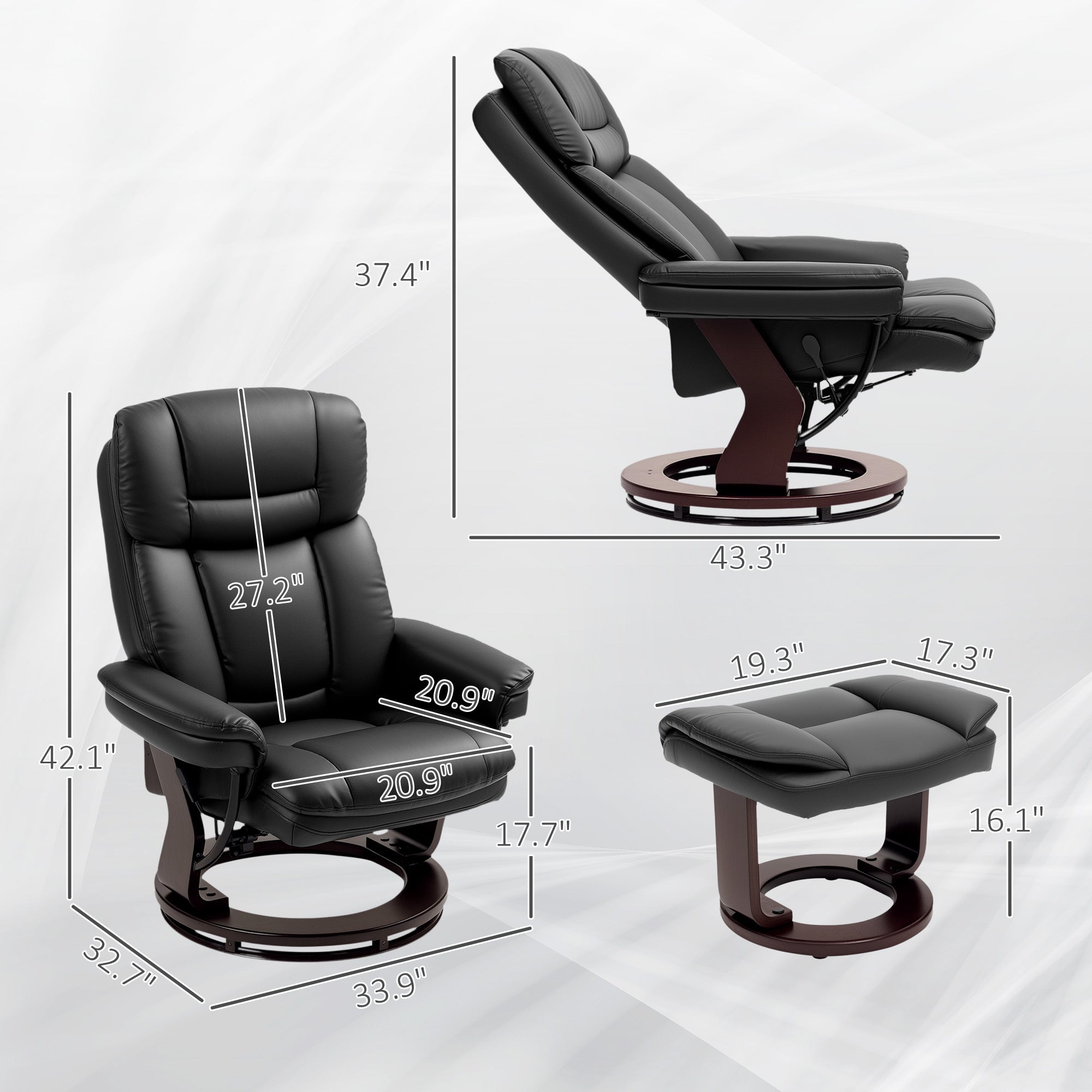 Swivel Recliner With Ottoman, PU Leather Reclining Chair With Footrest, For Living Room, Bedroom, Black