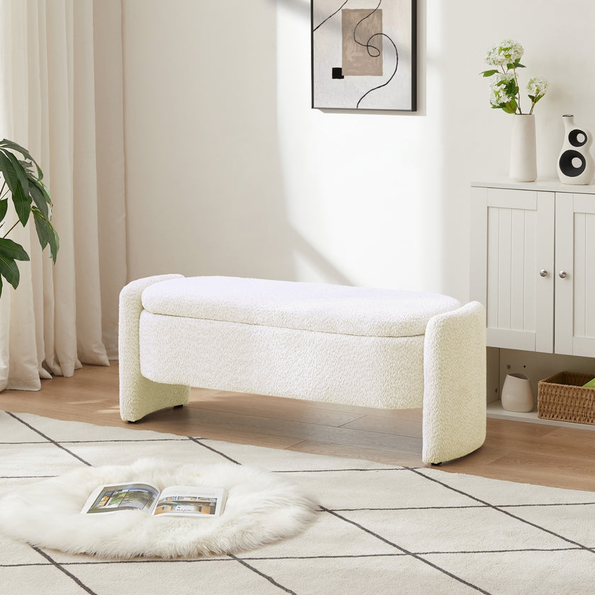 Oval Ottoman Bench 3D Lamb Fleece, Large Storage Space For Living Room