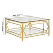 Square Glass Coffee Table In 33.5 ,Luxurious Geometric Metal Frame,Gold Finish  Lower Shelf