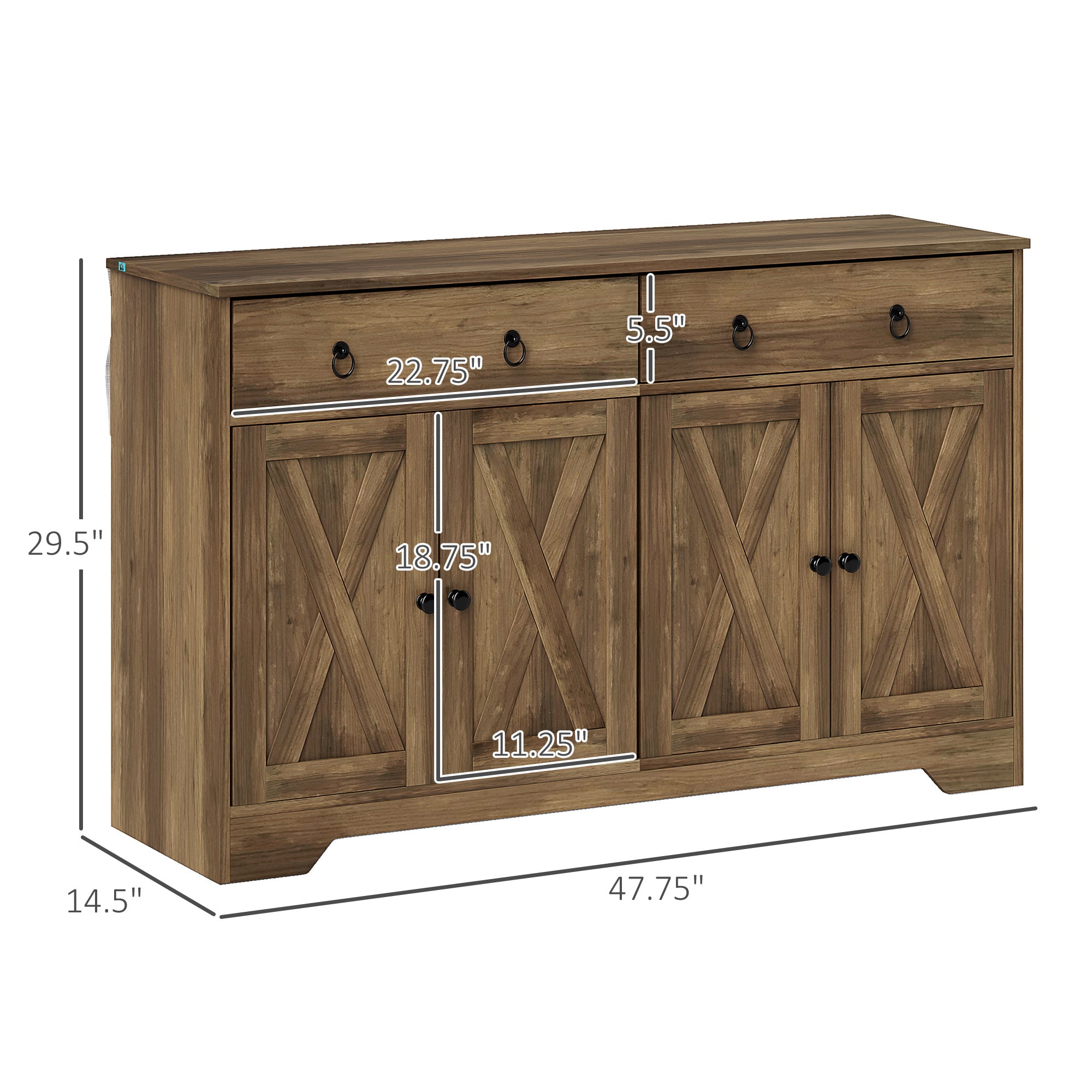 Kitchen Storage Sideboard, Farmhouse Buffet Cabinet With Barn Style Doors, Drawers, Adjustable Shelves, Light Brown