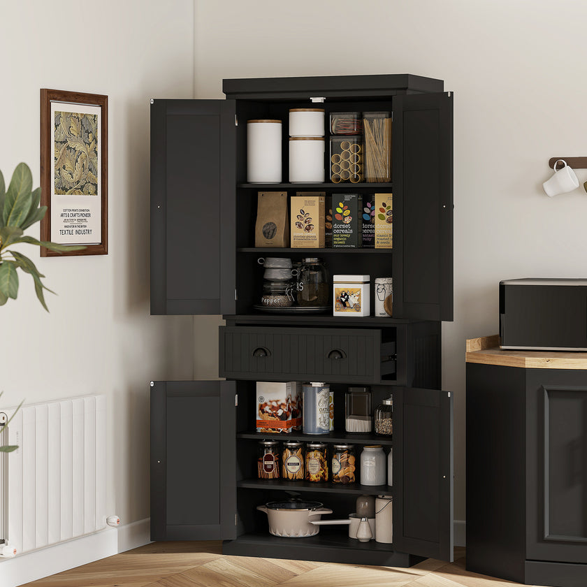 72 Kitchen Pantry Storage Cabinet, Cupboard With 4 Doors And 3 Adjustable Shelves, Large Central Drawer, Black