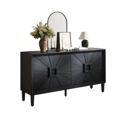 60'' Premium Rustic American Farmhouse Credenza - Symmetrical Sunburst Door Design, Heavy-Duty Antique Wood TV Stand With Adjustable Shelves, Storage Cabinet For Living Room Kitchen  Antique Natural