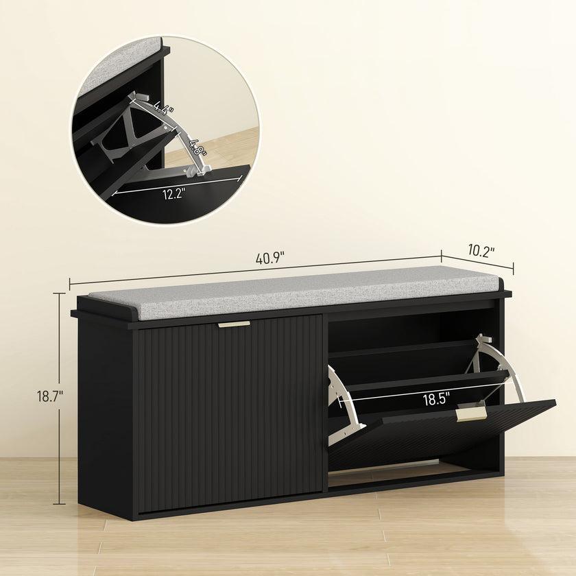 Shoe Storage Bench With Padded Seat Cushion And Flip-Drawer, Entryway Bench, Shoe Cabinet, 40.9x10.2x18.7 Inches, Black
