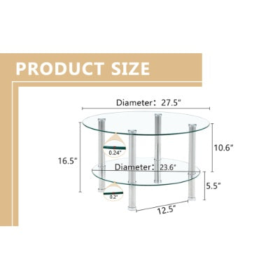 Contemporary Minimalist Double Layer Tempered Glass Coffee Table  27.5 Top And 23.6 Bottom.Reinforced Glass Tabletop,Stainless Steel Silver Plated Legs