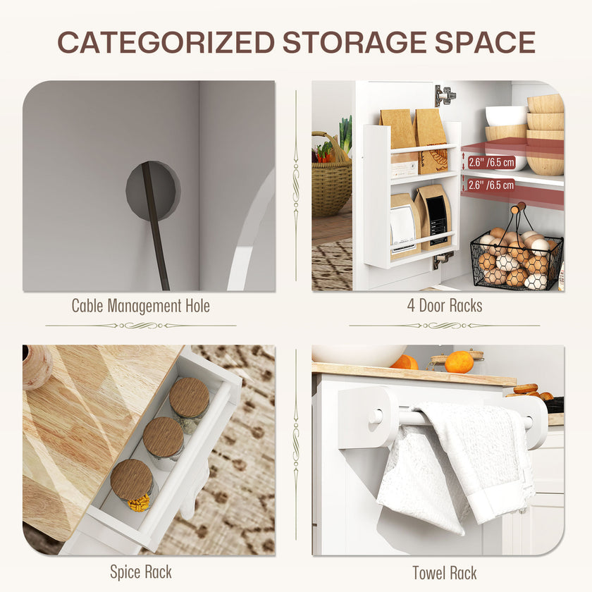 Kitchen Island On Wheels With Drop Leaf, Charging Station, Rolling Kitchen Cart With Wood Top, Adjustable Shelf, White