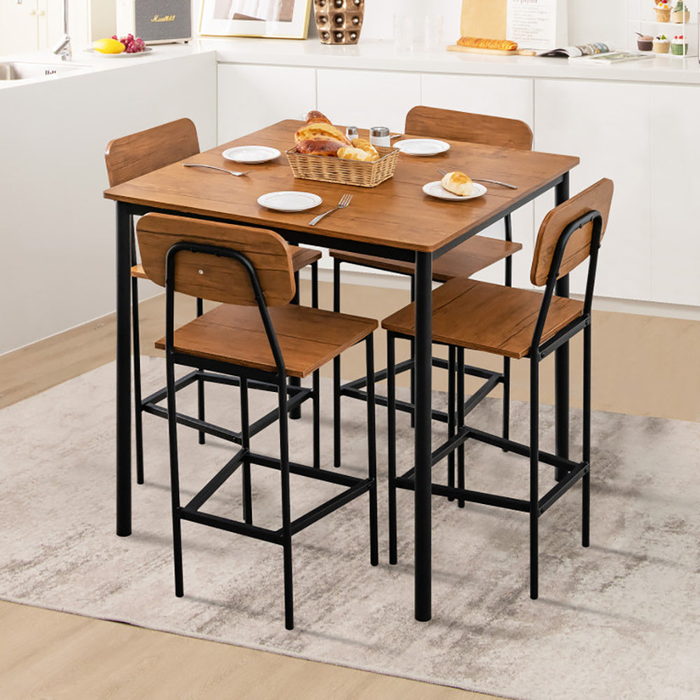 5 Pieces Industrial Dining Table Set With Counter Height Table And 4 Bar Stools