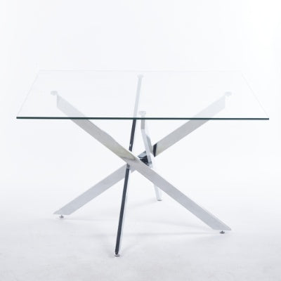 Chrome Dining Table With Cross Metal Leg And Glass,Modern Space Saving Kitchen Table For Living Room,120x120x75cm Square Glass