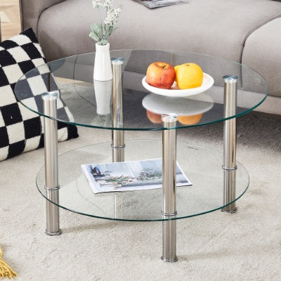 Contemporary Minimalist Double Layer Tempered Glass Coffee Table  27.5 Top And 23.6 Bottom.Reinforced Glass Tabletop,Stainless Steel Silver Plated Legs