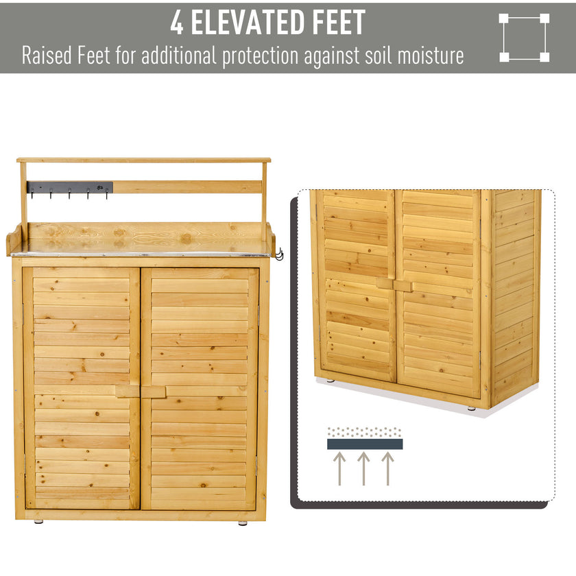 Wooden Potting Bench 3-Tier Storage Cabinet Work Station Table Lockable Organizer With Magnetic Latch Hooks Foot Pads 34.25L Yellow