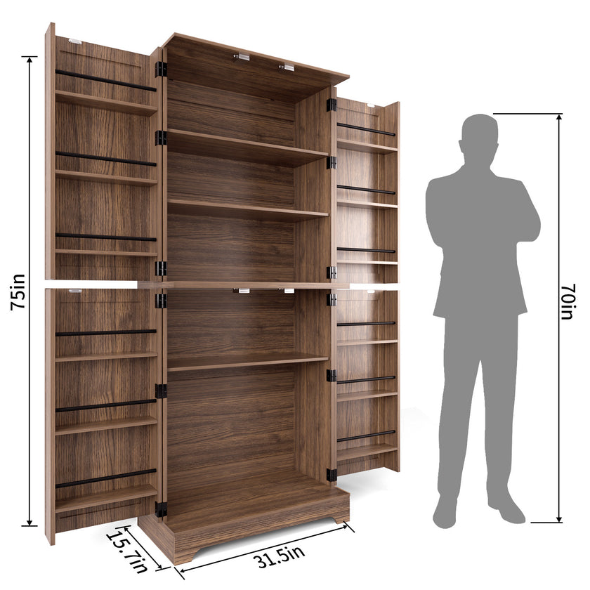 Tall Wooden Storage Cabinet With 4 Barn Doors, Adjustable Shelves And 12 Door Shelves 5-Tier Kitchen Pantry Storage Cabinet