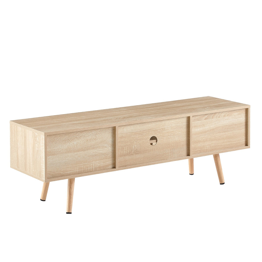 55.12  Rattan TV Cabinet With Sliding Doors  Adjustable Shelf   Solid Wood Legs