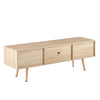 55.12  Rattan TV Cabinet With Sliding Doors  Adjustable Shelf   Solid Wood Legs