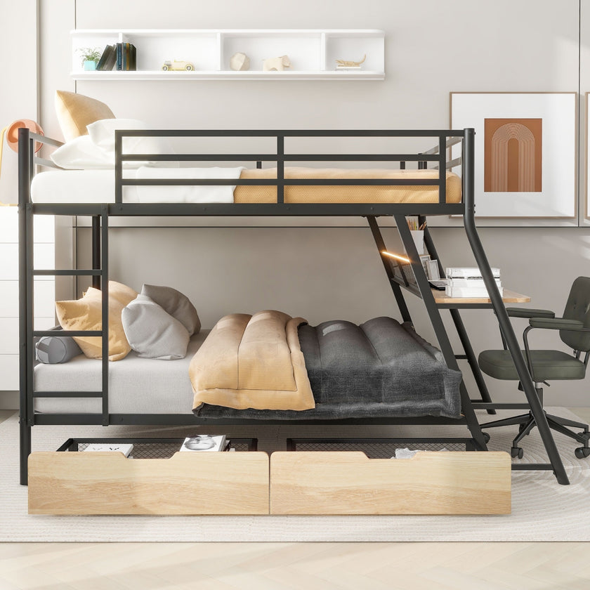 Full Size Metal Bunk Bed With Built-in Desk, Light And 2 Drawers, Black