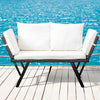 Stretchable Brown Rattan, Beige Cushion, Woven Rattan Bench