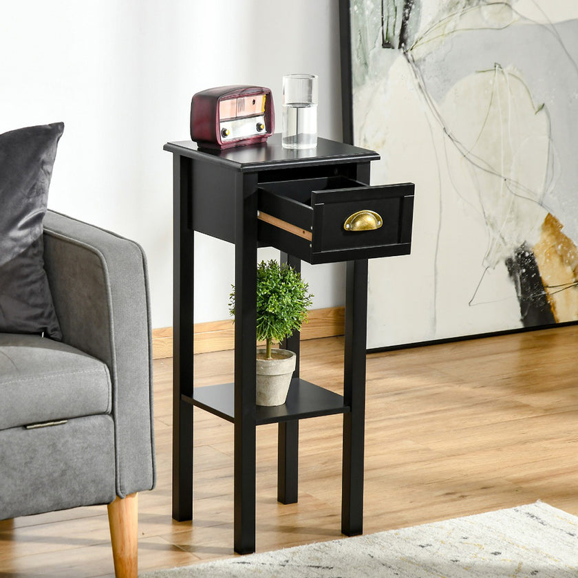 2-Tier Side Table With Drawer Shelf, End Table For Living Room Hallway, Black