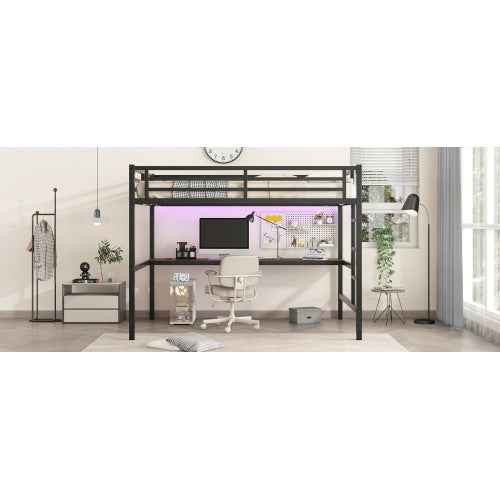Metal Full XL Size Loft Bed With Power Outlet And LED Lighted, Space-Saving, Noise Reduced, Black
