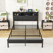 Full Size Bed Frame With Storage Headboard, Metal Platform Bed With Charging Station, Bookcase Storage, No Box Spring Needed, Easy Assembly, Noise-Free, Black