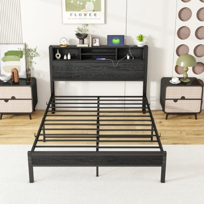 Full Size Bed Frame With Storage Headboard, Metal Platform Bed With Charging Station, Bookcase Storage, No Box Spring Needed, Easy Assembly, Noise-Free, Black