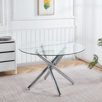 Chrome Dining Table With Metal Leg And Glass,Modern Space Saving Kitchen Table For Living Room,120X120X75CM