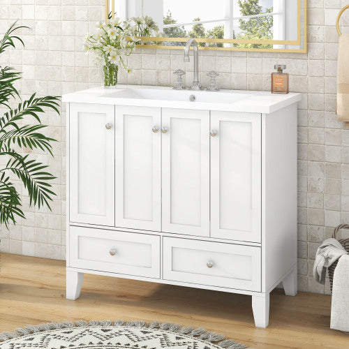 36  Bathroom Vanity With Resin Sink Combo,Solid Wood Frame Bathroom Storage Cabinet, Freestanding Vanity Set With 4 Soft Closing Doors 2 Drawers