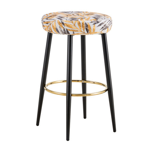 Counter Height Bar Stools Set Of 2, PU Kitchen Stools Upholstered Dining Chair Stools 24 Inches Height With Golden Footrest For Kitchen Island Coffee Shop Bar Home Balcony Silver Leaves Velvet