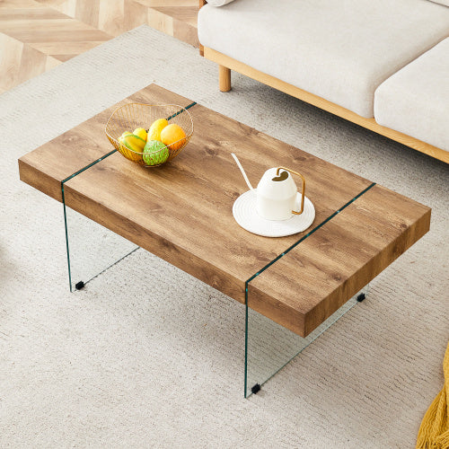 43.x23.6 Wood Colored Texture Sticker MDF Coffee Table With Tempered Glass Legs.Suitable For Living Room.It Can Be Used Not Only As A Coffee Table But Also As A Side Table Or Display Stand.