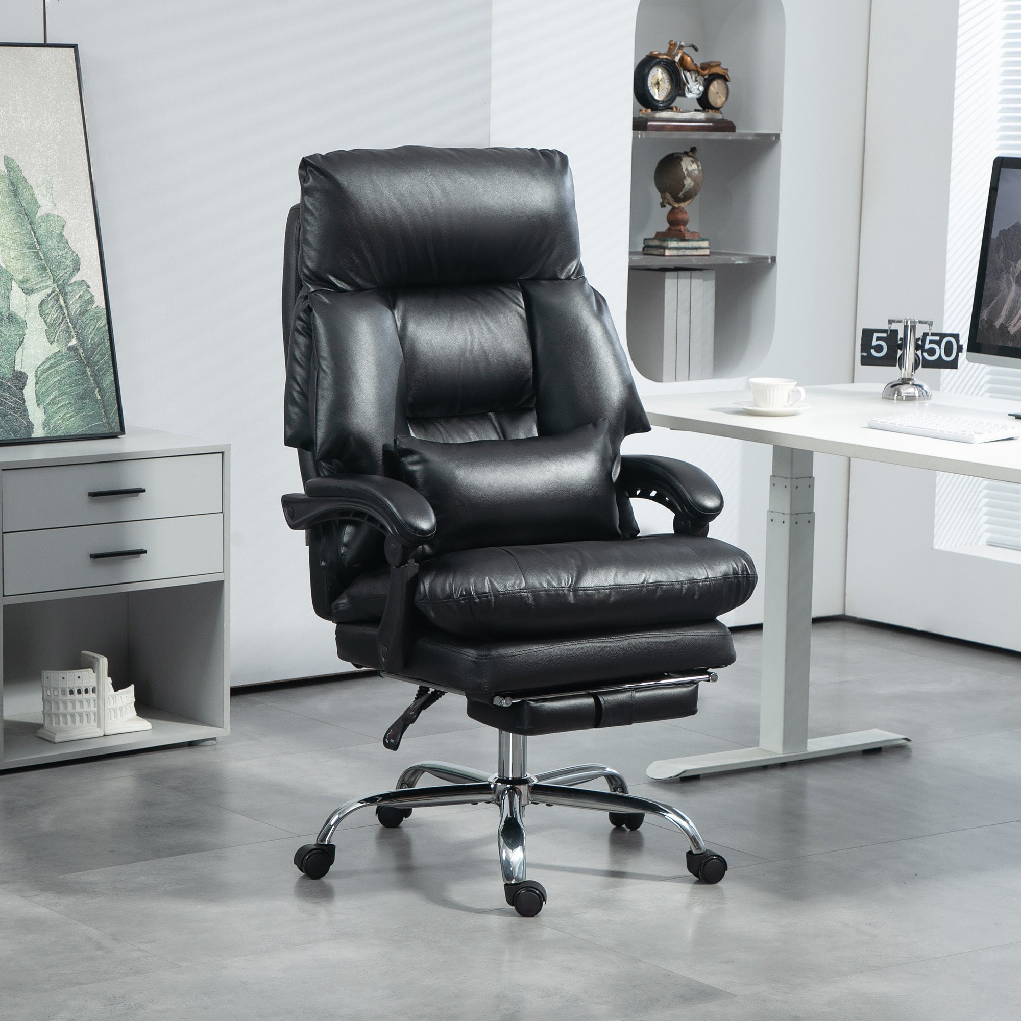 Overstuffed Office Chair, High Back Desk Chair With Foot Rest, Reclining PU Leather Computer Chair, Black