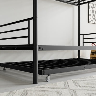 Twin Bunk Bed With Trundle Metal Bunkbeds With Ladder And Full-Length Guardrail, Noise Free, No Box Spring Needed, Black
