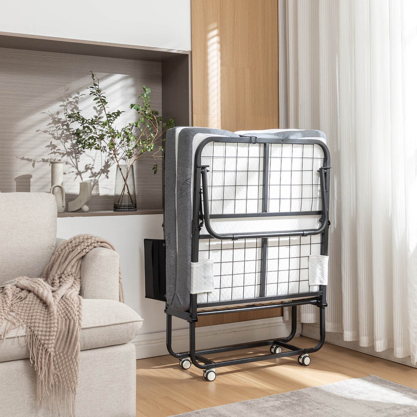 Folding Bed Cot With Mattress For Adults,  Foldable Metal Frame Bed For Guest With Memory Foam Mattress On Wheels, Saving Space Rollaway Bed