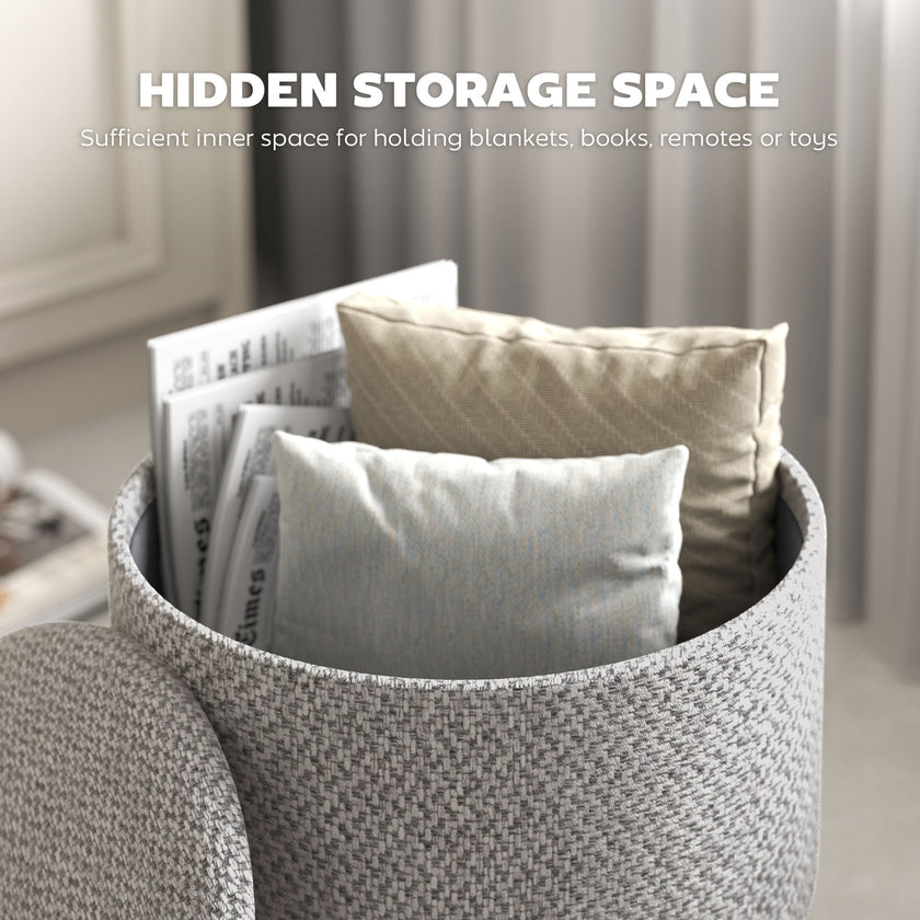 Round Ottoman Stool With Storage, Linen Upholstered Foot Stool With Padded Seat, Hidden Space And Wood Legs, Light Gray