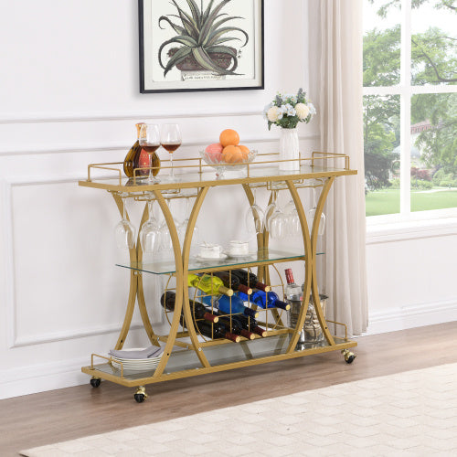Golden Bar Cart With Wine Rack Tempered Glass Metal Frame Wine Storage