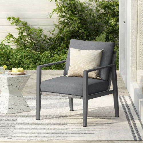 Gray Aluminum Lounge Chair With Sleek Rope Accents And Comfortable Cushions, Perfect For Modern Outdoor And Indoor Spaces