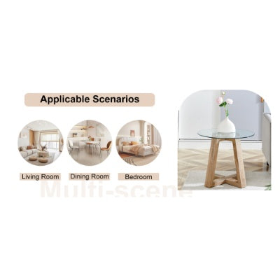 Modern And Practical Round Table. Made Of Clear Tempered Glass Top And Wood-coloured MDF Material. Suitable For Living Rooms And Bedrooms