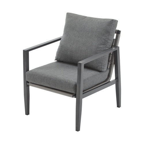 Gray Aluminum Lounge Chair With Sleek Rope Accents And Comfortable Cushions, Perfect For Modern Outdoor And Indoor Spaces